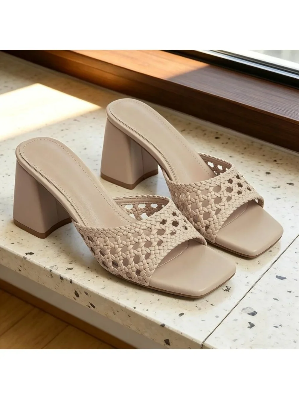 Women's Nude Woven Summer Square Open Toe Mules Chunky Stylish Heeled Sandals